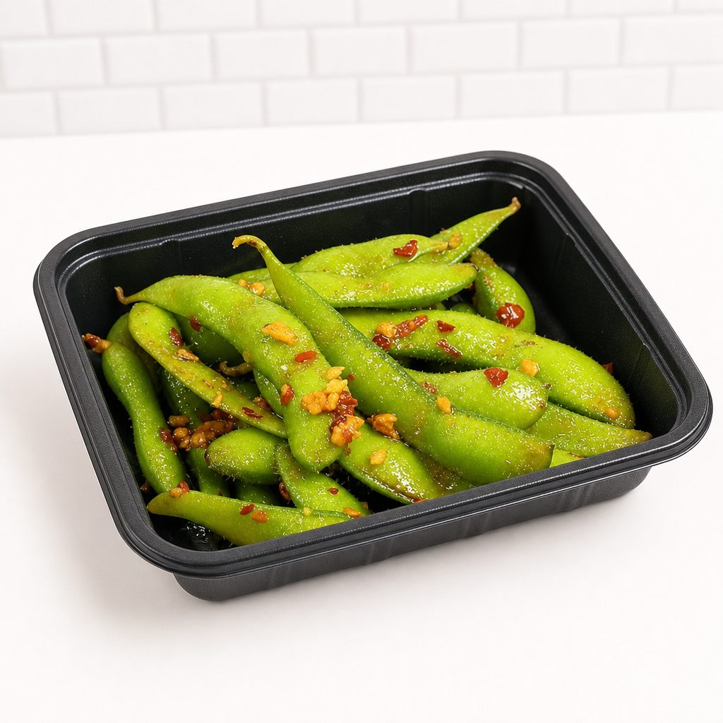 Delish Spicy Garlic Edamame.